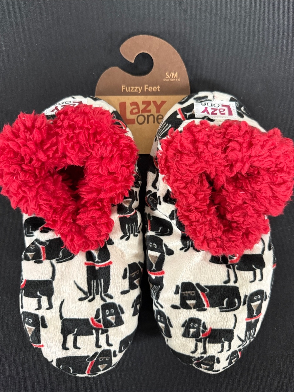 Lazy One Women’s Black & White Dog-Print Slippers with Red Fuzzy Trim